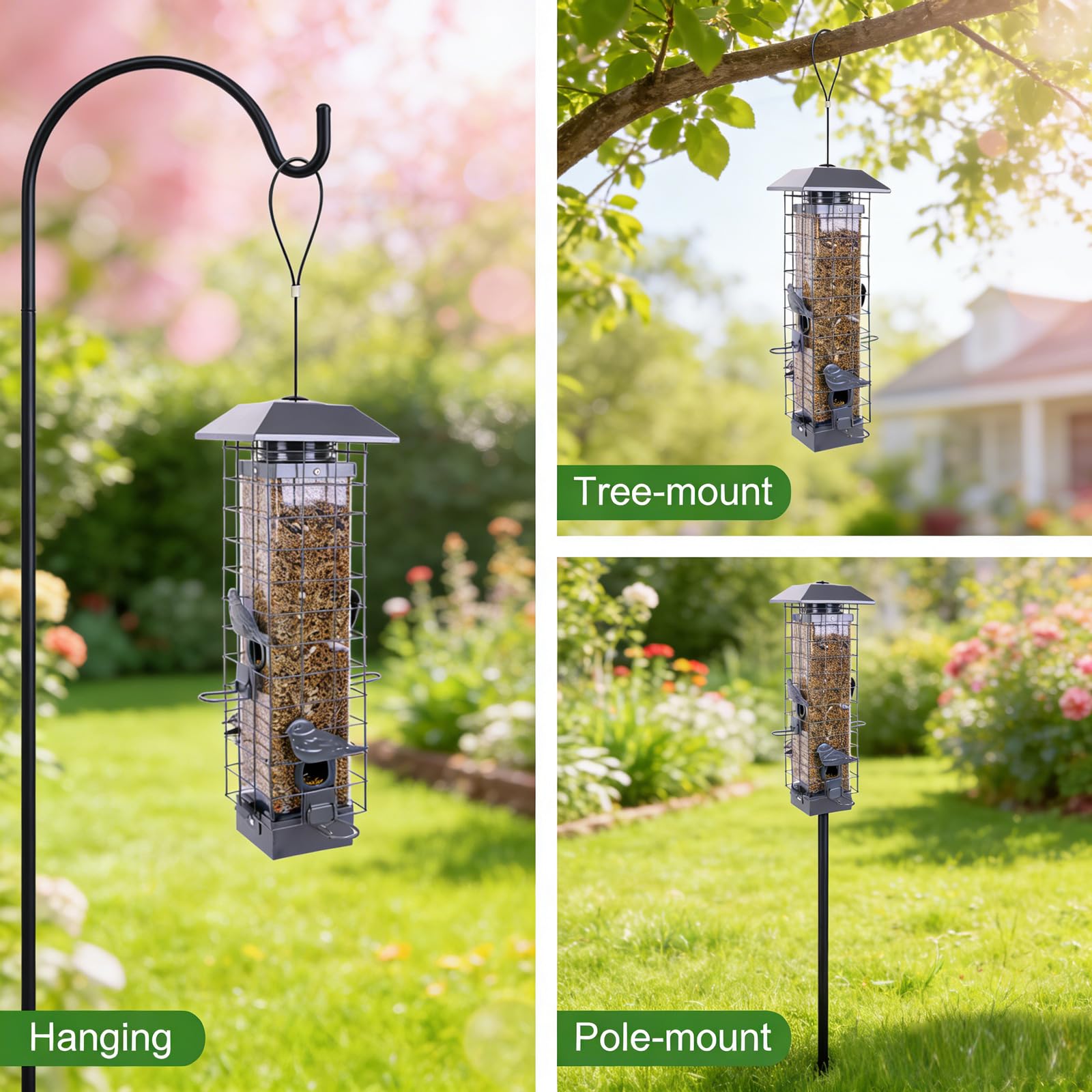 Comederos de pájaros a Prueba de Ardillas para Exteriores, comedero de Metal para pájaros Silvestres para Colgar en el Exterior, 4 Puertos, Gran Capacidad de 3 Libras (Gris)