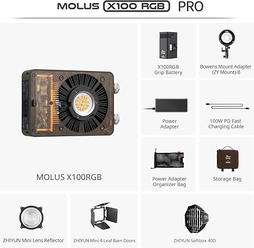 Miniatura 2 de ZHIYUN MOLUS X100 RGB PRO 100W Luz de video oficial con mini proyector cónico óptico Snoot kit de fotografía estudio de iluminación de video