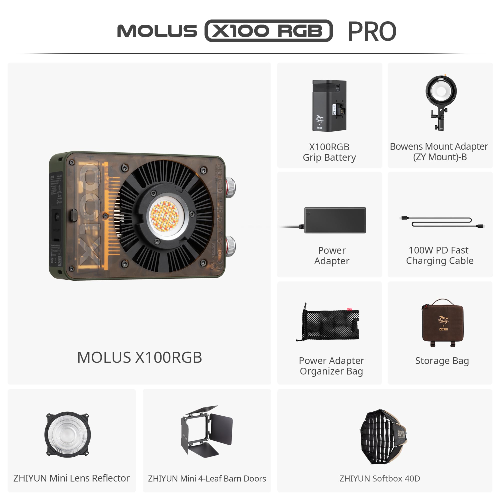 ZHIYUN MOLUS X100 RGB PRO [Offiziell] V2 Verbesserte Version 100W Tragbare Videoleuchte Professioneller Mini-Scheinwerfer für Fotografie (ZY-Halterung) Konischer optischer Snoot-Kit Fotostudio-Videobe