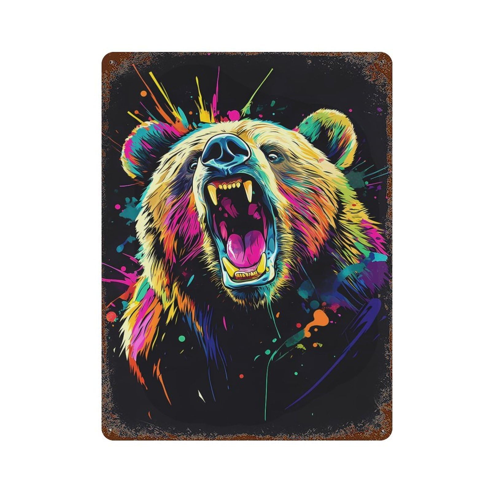 Neon Bear Roar Vintage Wall Sign 15.7"x11.8", Rust Effect Metal Decor for Basement, Hobby Room And Garage Decor