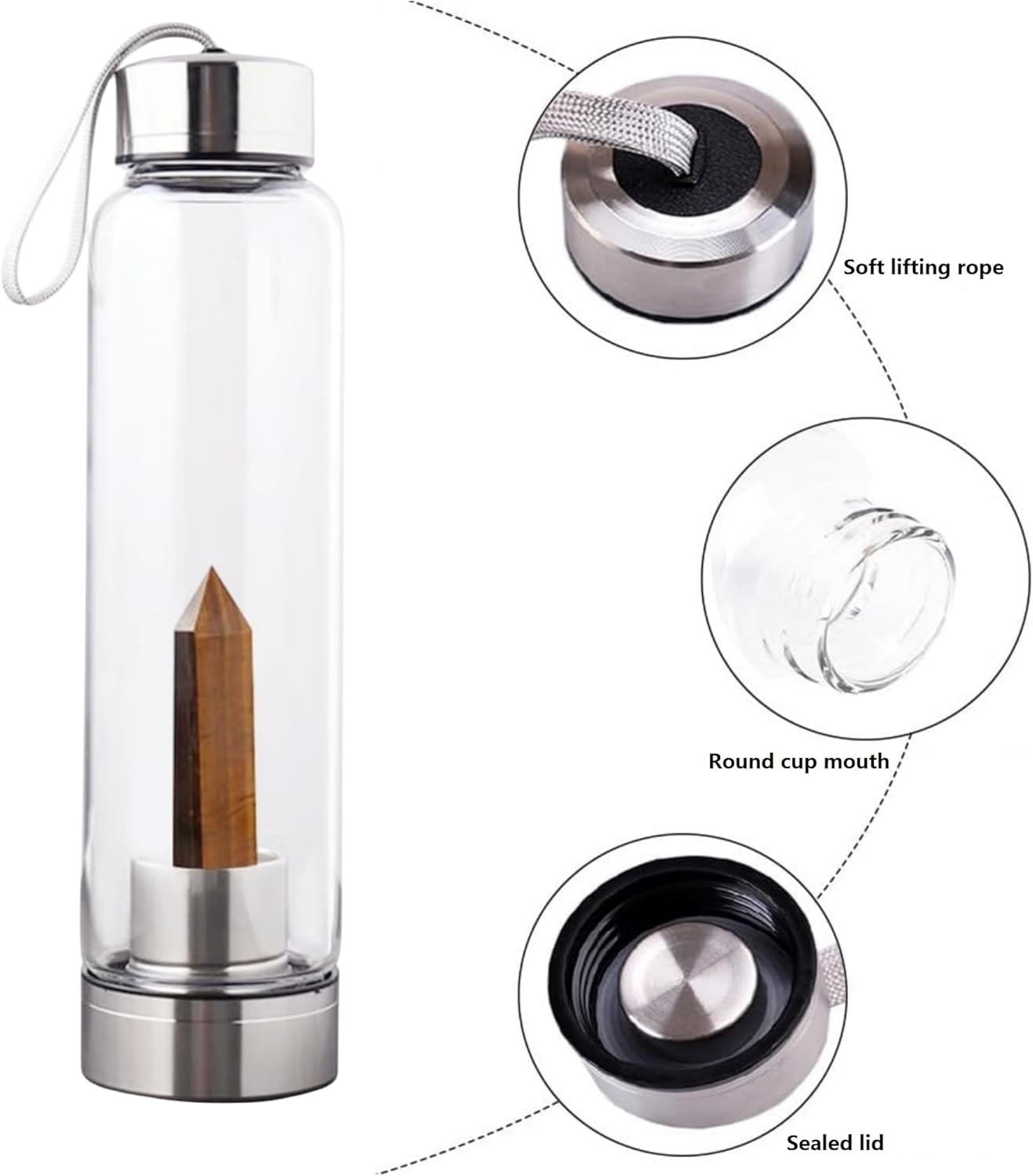 Natural Tiger’s Eye Crystal Water Bottle Clear Glass Energy Wand Cug Healthy Healing Relaxing Life Suitable For Yoga Meditation Walking Men Women