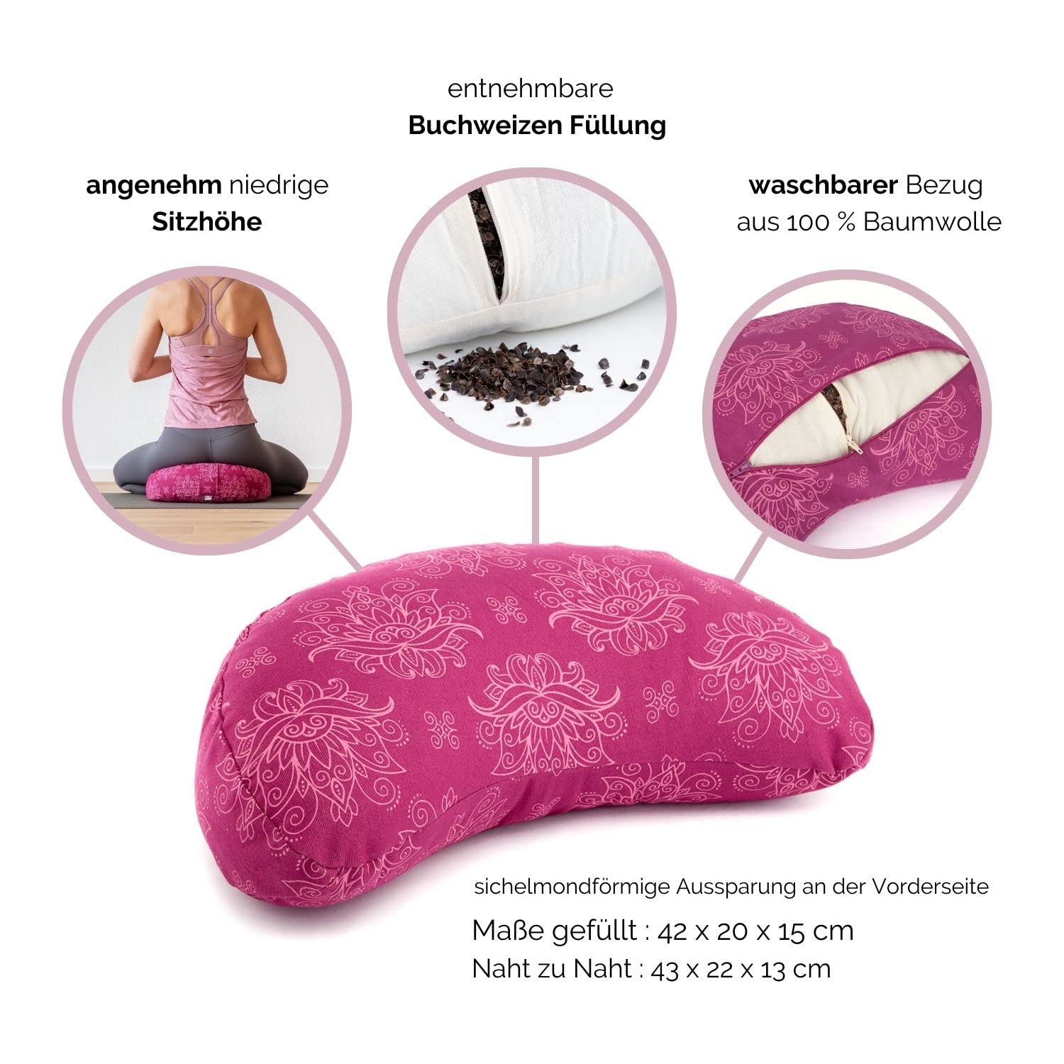 Bodhi Meditationskissen Yogi Mond | Maharaja Collection | Halbmond Yogakissen mit Buchweizenfüllung | Bedruckter Bezug aus 100% Baumwolle | Kissen für Yoga & Meditation