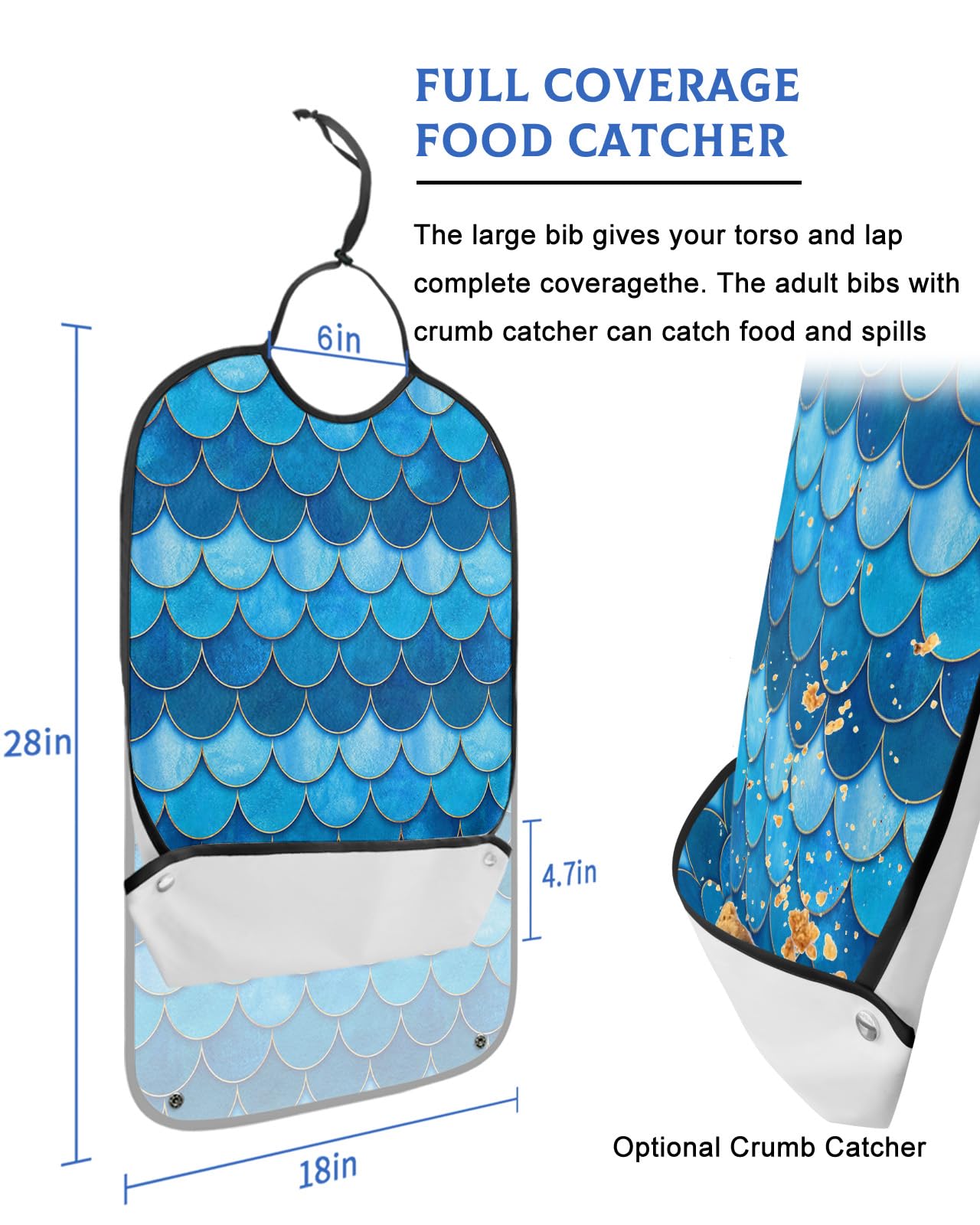 Blue Ombre Adult Bibs for Eating, Waterproof Bibs with Food Catcher & Adjustable Snap Closure, Watercolor Fish Scales Modern Art Aesthetics Clothing Protectors Adult Bibs for Elderly Women/Men