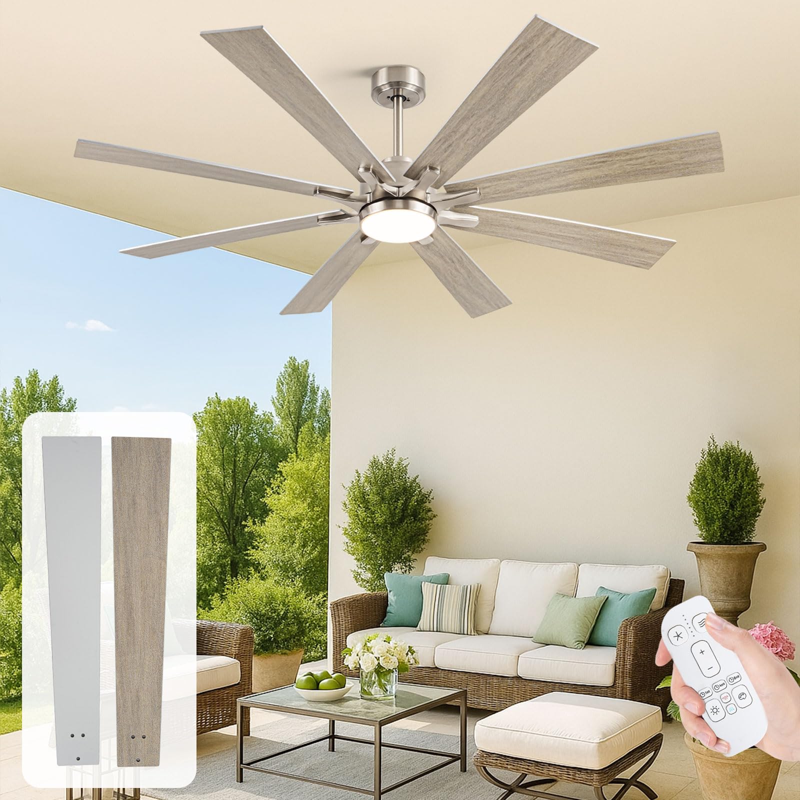 62 Inch Outdoor Ceiling Fan with Light, Modern Industrial Lighting & Ceiling Fans for Patios Porch Garage, Large Ceiling Fan with High CFM Reversible