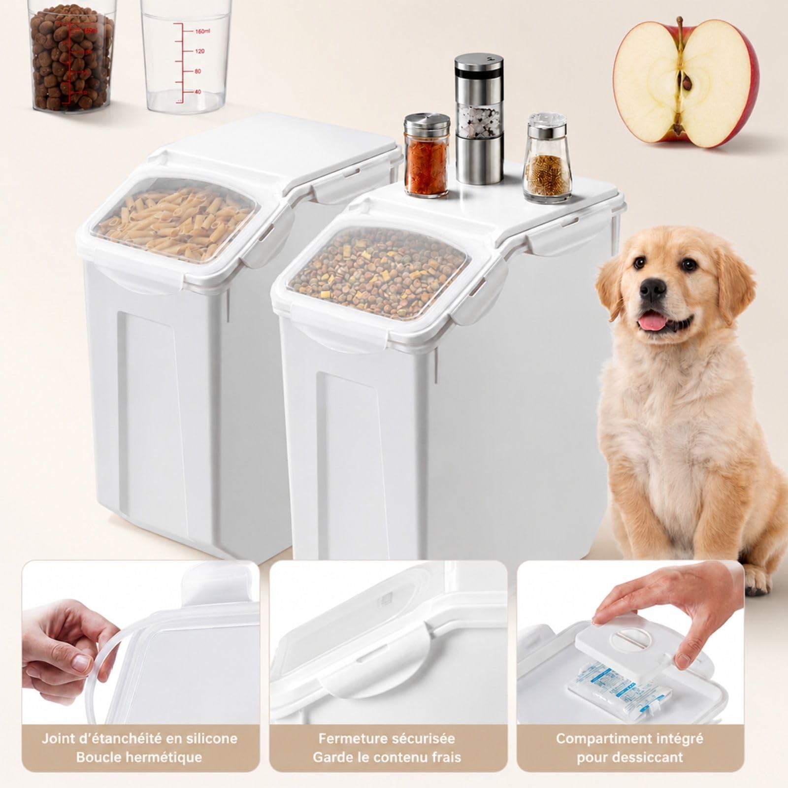 Lot de 2 conteneurs de riz 20 L avec couvercle, boîte de rangement pour céréales et farine, bac de cuisine avec roulettes
