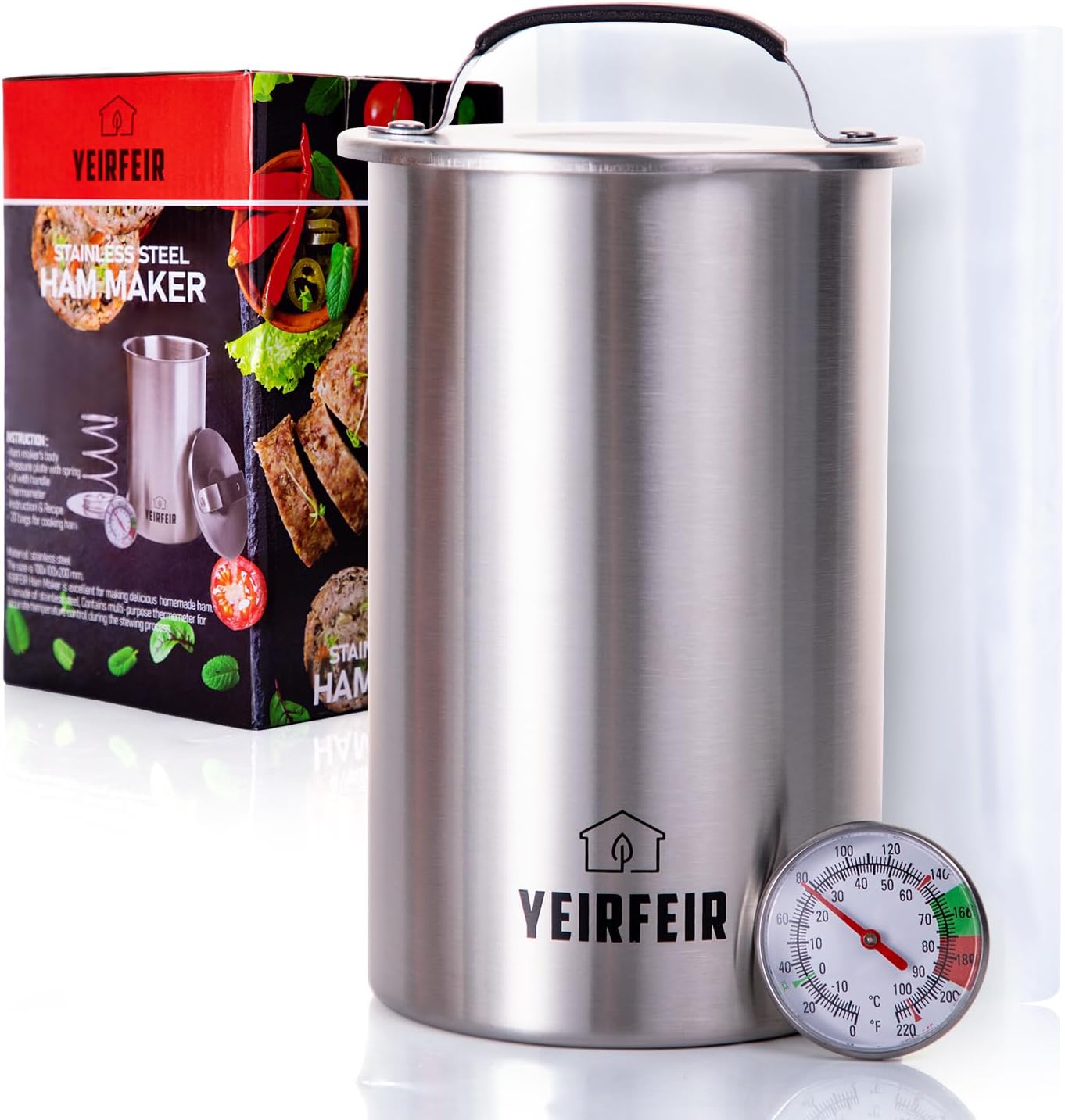 304 Stainless Steel Ham Maker Press With Large Dial Thermometer and Cool-Touch Handle Ham Press Cooking Tool for deli meats, Including 20 Cooking Bags and Recipe Guide