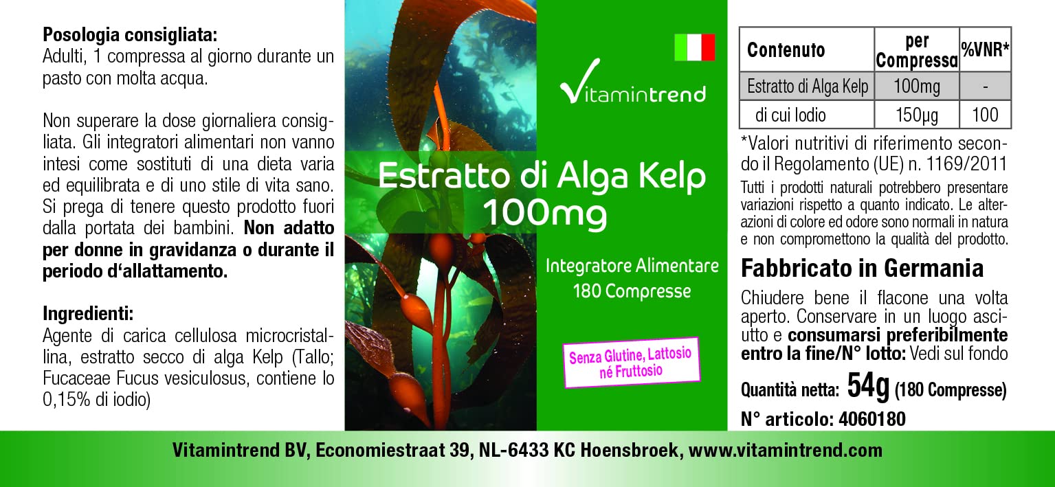Vitamintrend Extrait de Kelp 100 mg, 180 comprimés, faciles à avaler, iode naturel, complément alimentaire végan sans stéarate de magnésium, fabriqué en Allemagne