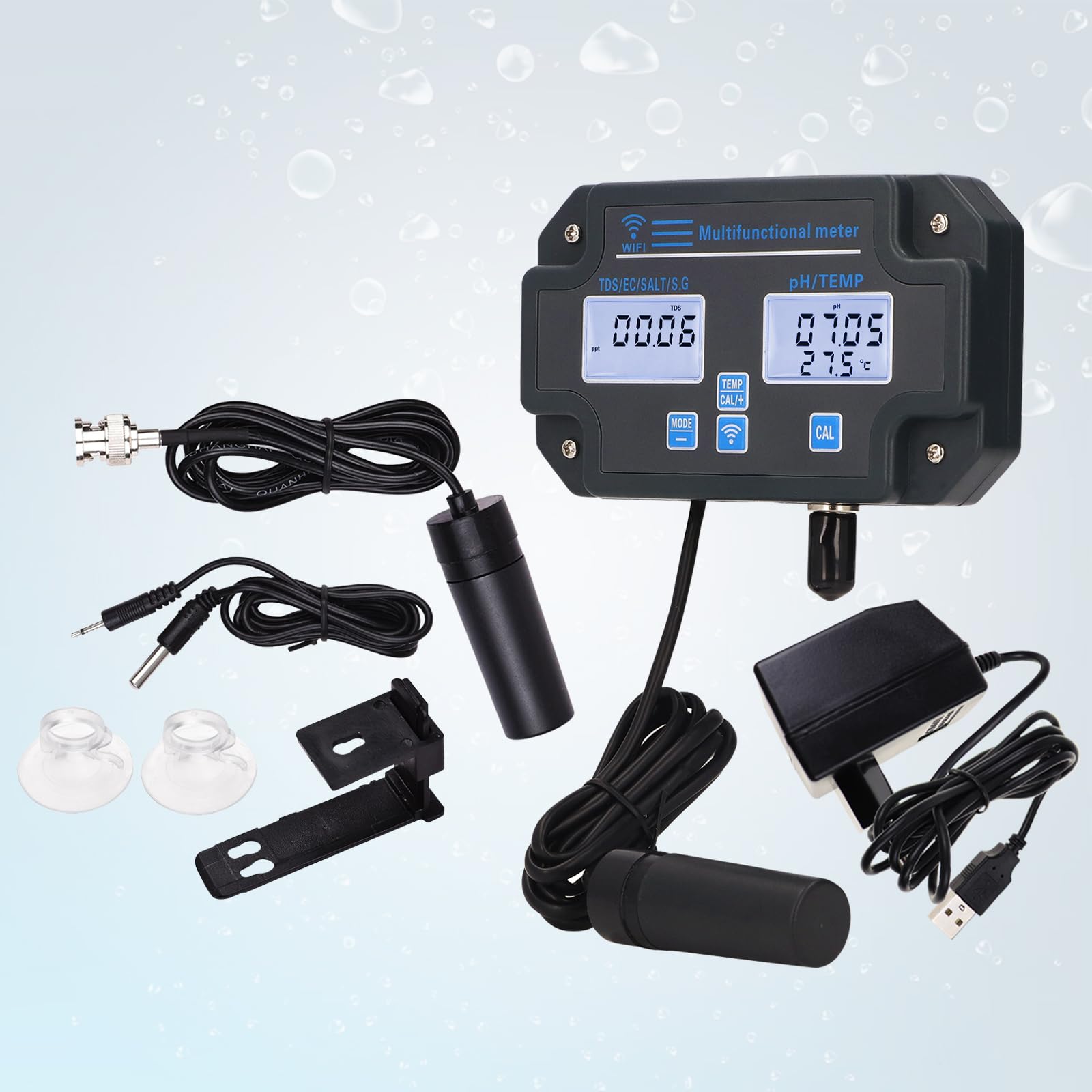 Smart Water Quality Tester, 24 Stunden drahtlose App-Überwachung von pH EC TDS Salzgehalt SG Temperatur, montierbar mit Alarmfunktion für Aquarien & Hydrokulturen