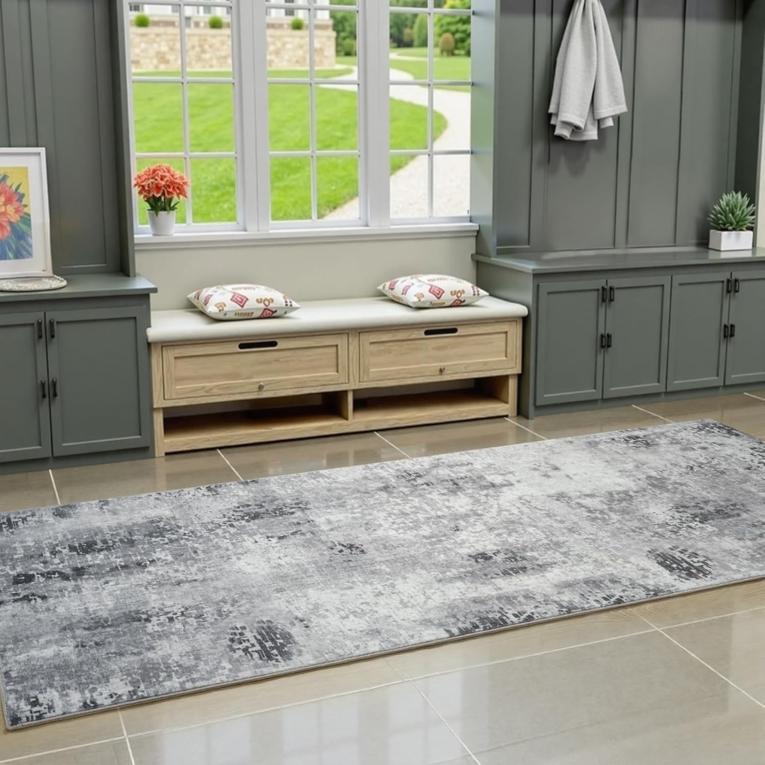 Kelarea Washable Runner Rug, 2'6''x8' Grey Kitchen Rugs Runner with Rubber Backing, Abstract Non-Slip Carpet Runners for Hallways, Kitchen, Bedroom, Laundry, Entrance