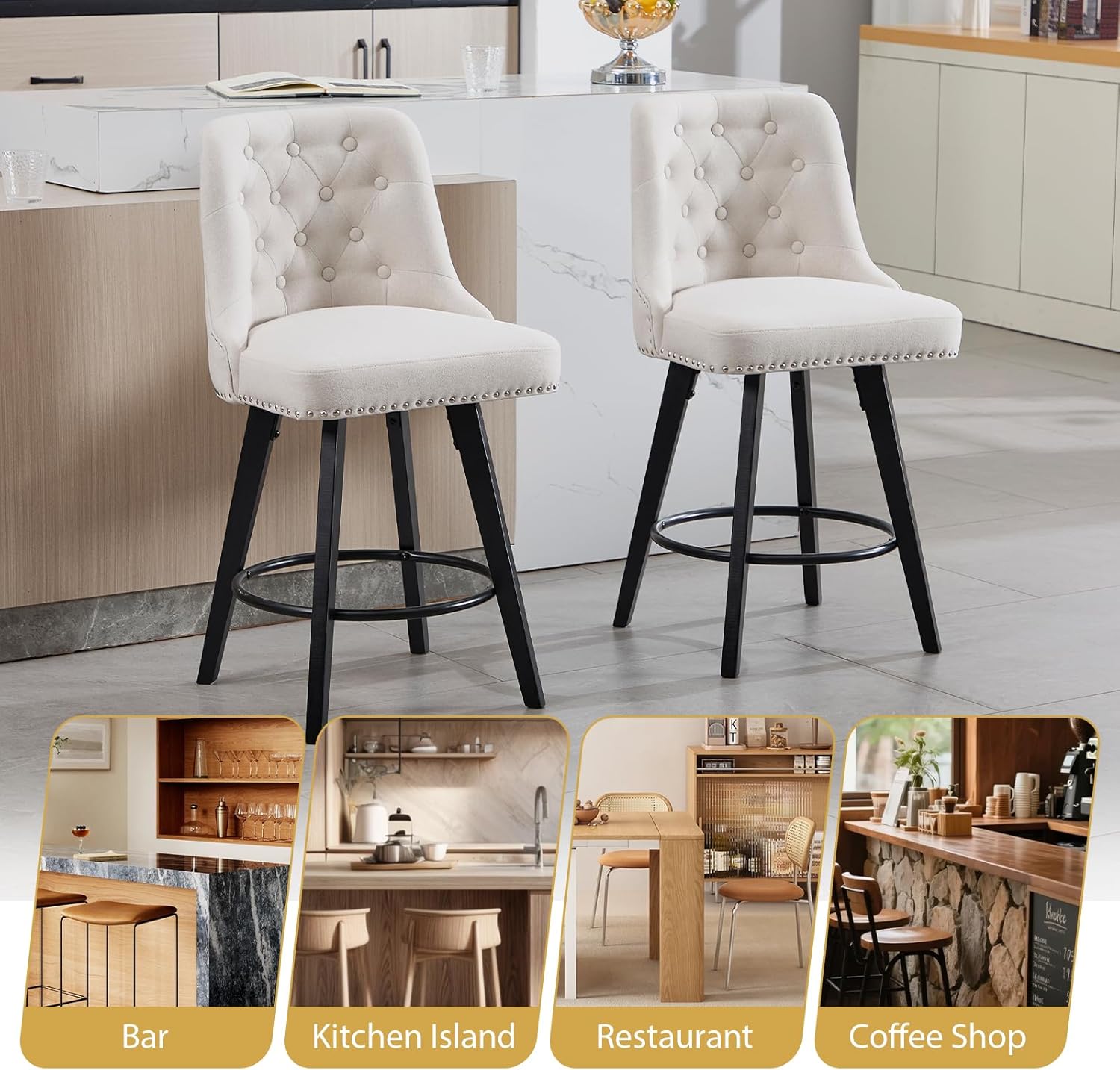 Swivel Bar Stools Set of 2, Linen Counter Height Bar Stools with Tufted Back, 25''H Upholstered Wood Bar Chairs Modern Barstools for Kitchen Island Home Bar, Beige