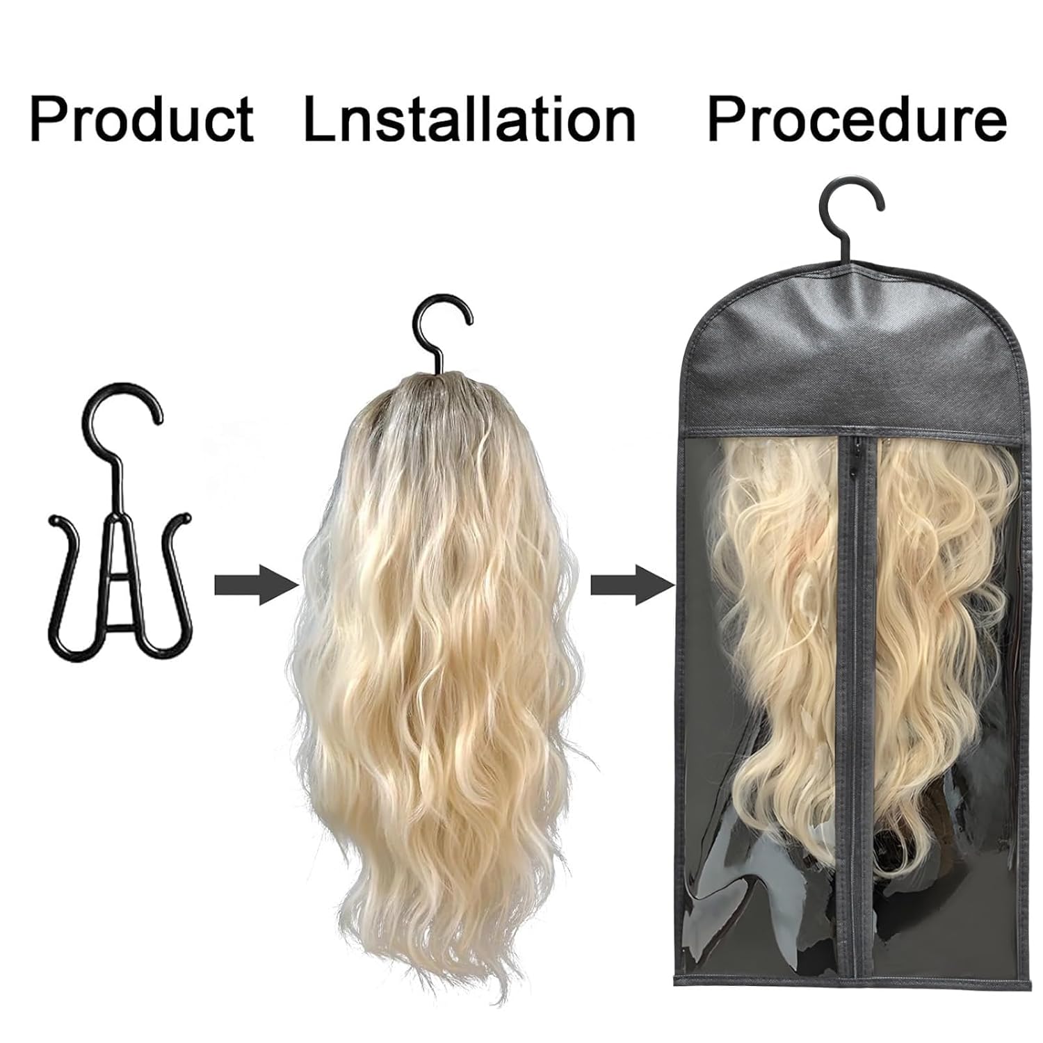 12-PCS Wig Storage Bags with Hangers – Premium Hair Extension Organizer for Multiple Wigs, 60cm x 30cm Dust-Proof Closet Savers (Black)