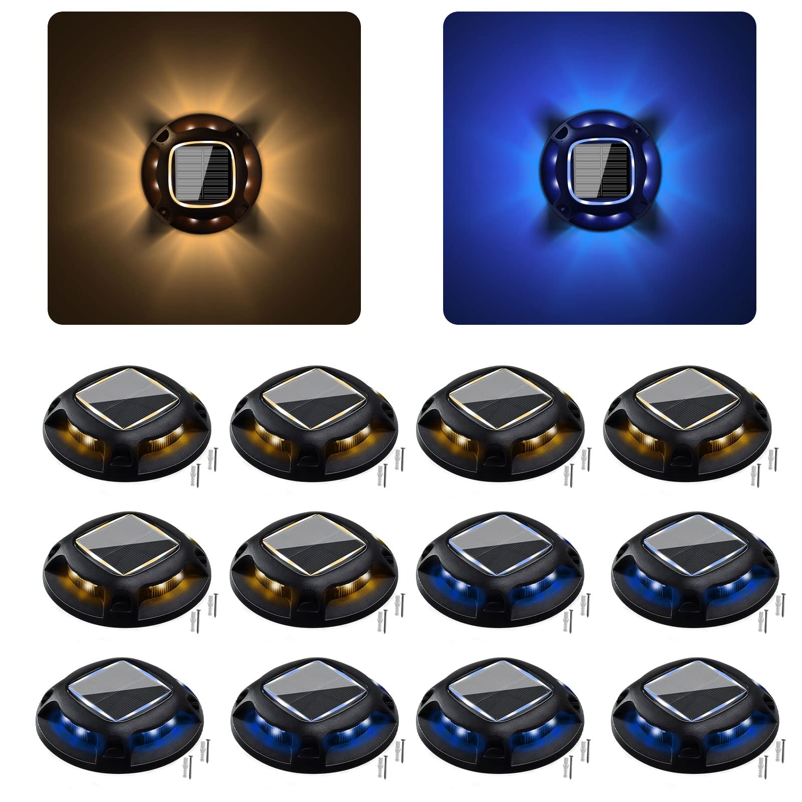 MCWOFISolar Driveway Lights, Deck Lights 12 Pack,2 Colors in 1, IP68 Waterproof,Solar Powered Battery,Outdoor Warning Step Lights for Driveway Sidewalk