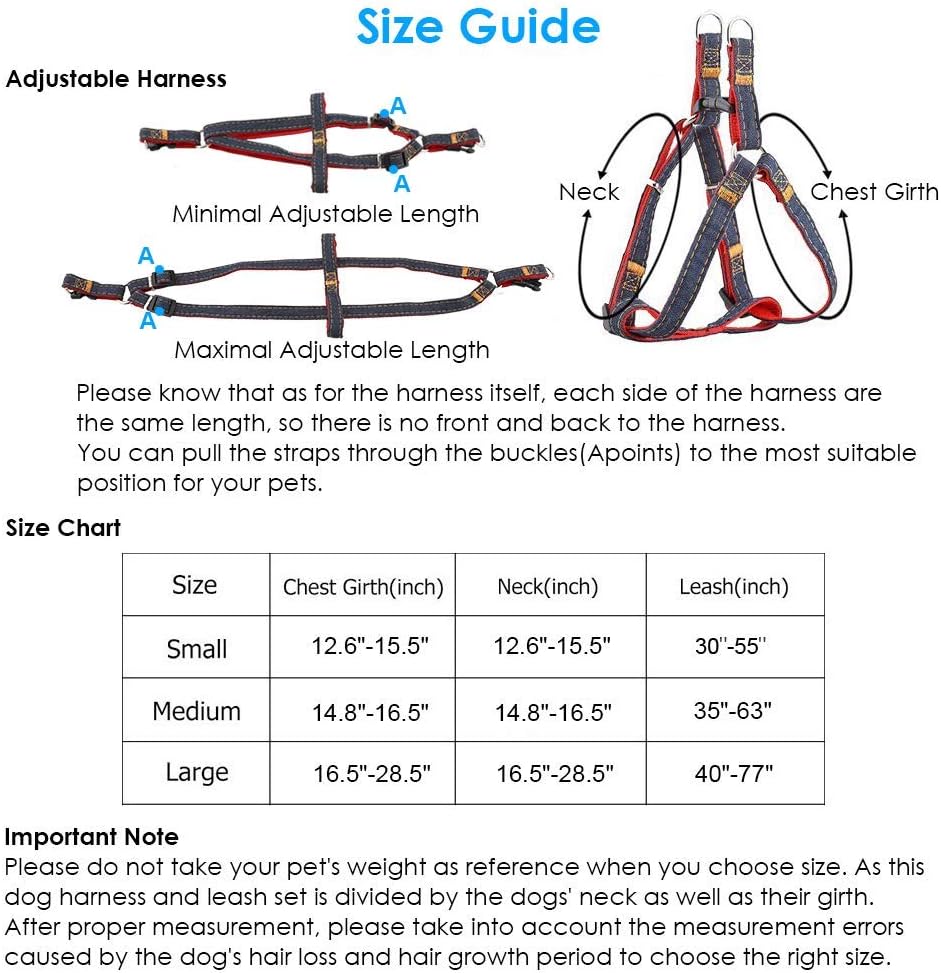 URPOWER Dog Leash Harness Adjustable & Durable Leash Set & Heavy Duty Denim Dog Leash Collar for Small, Medium and Large Dog, Perfect for Daily Training Walking Running