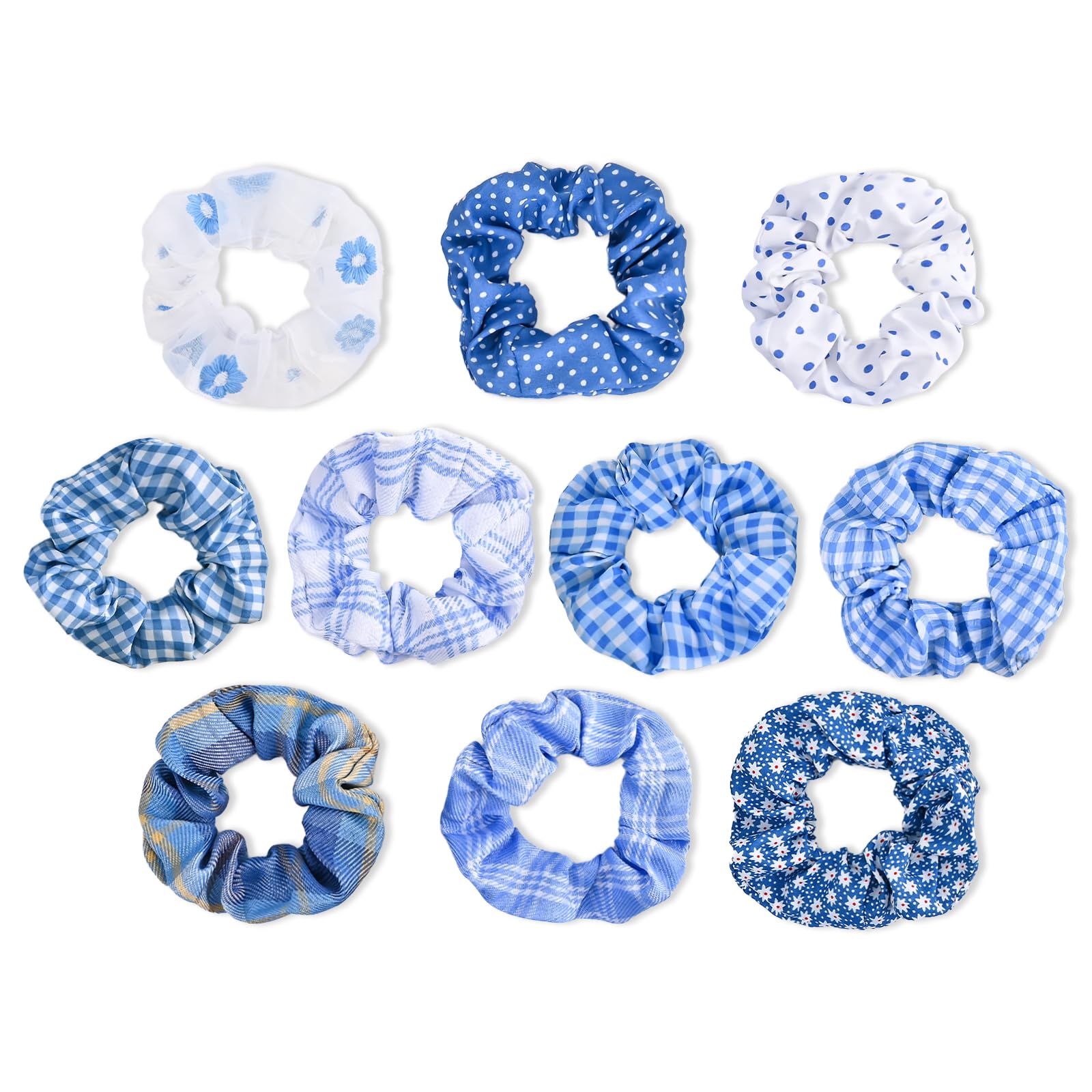 Yonchic 10-Piece Plaid Polka Dot Solid Colorful Scrunchies for Women Girls, No Damage Elastic Hair Ties, Bulk Ponytail Holder, Fashion Rubber Band