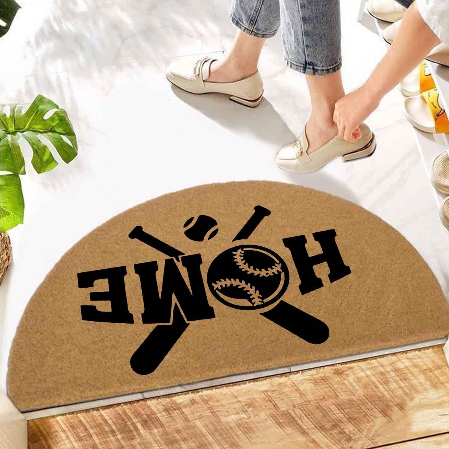 Funny Semicircle Artificial Coir Doormat Baseball Bats & Ball Home Front Door Outdoor Doormat with Heavy Duty Anti-Slip Backing Front Porch Half Circle Welcome Mats 29.5 x 17 inch
