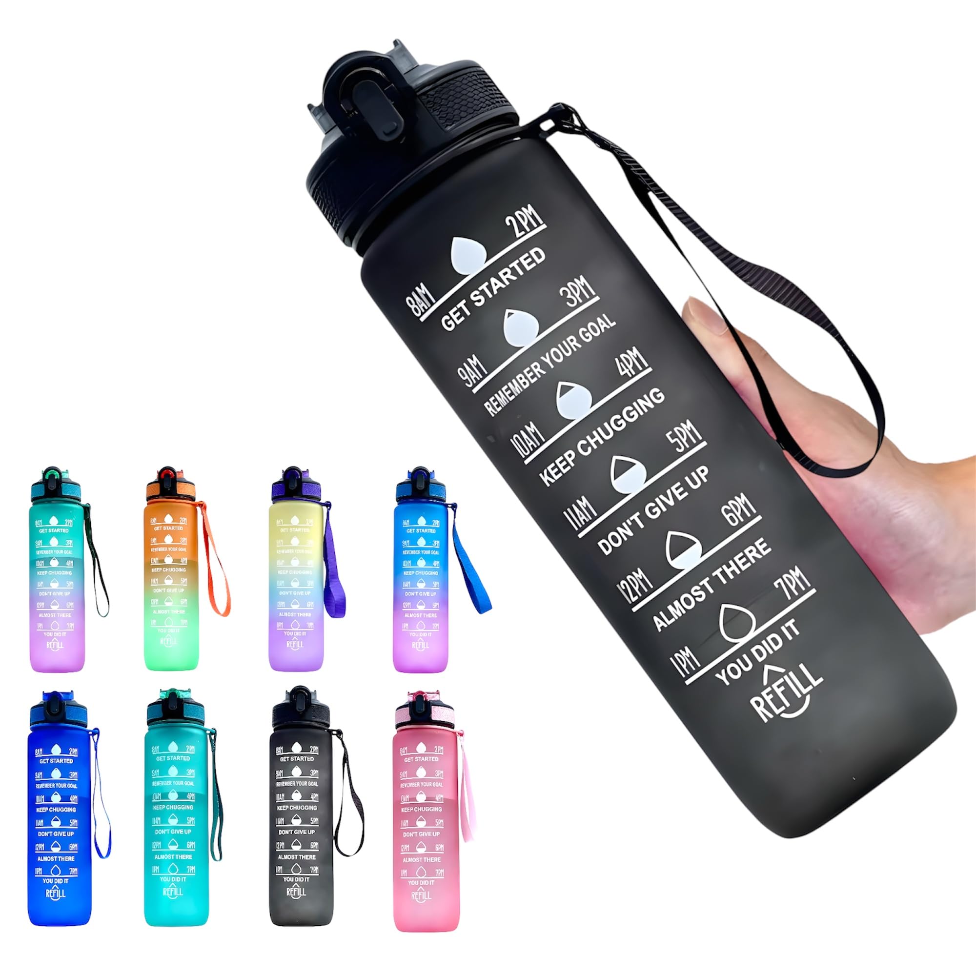Water Bottle with Straw – Leakproof & BPA-Free | Time Marker for Daily Motivation | Ideal for Gym, Office, Cycling, School, Outdoor Fitness 1Liter (32oz) (Black)