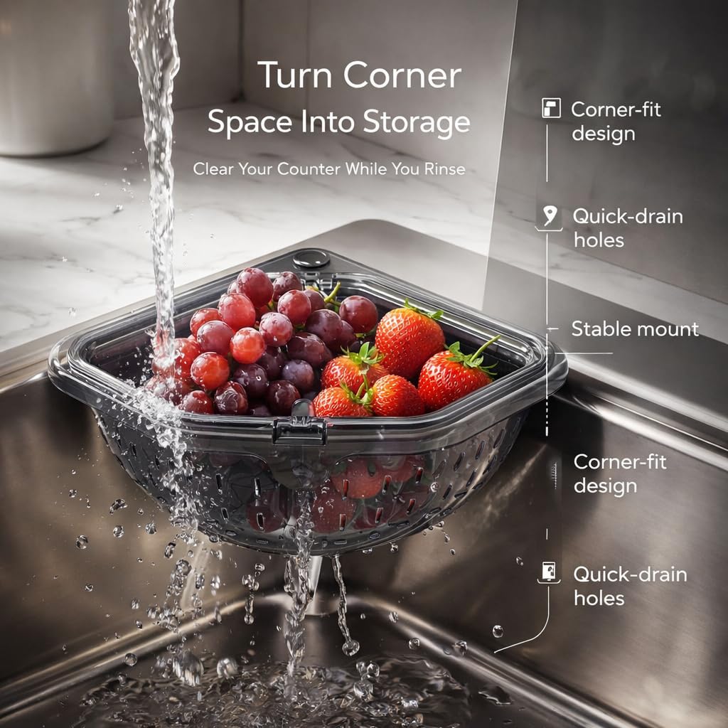 Magnetic Corner Sink Strainer Basket with Twist-Open Bottom, 6.69" Triangular Drain Rack for Food Scraps, Sponge Holder & Quick-Rinse Produce Basket, No-Drill Mount with Adhesive Metal Plate, ABS (1) — view 3