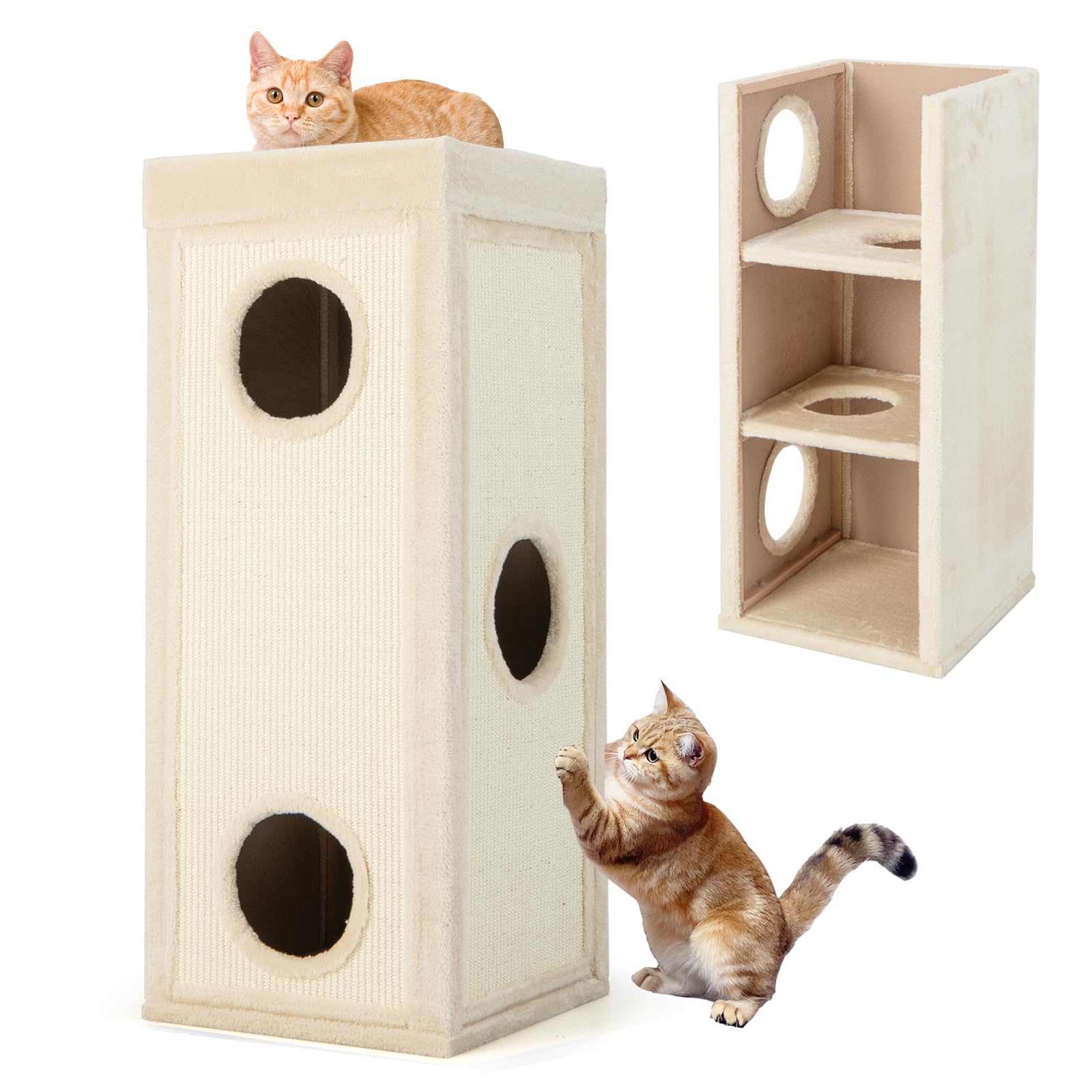 SOARS Tonneau à Gratter pour Chat 99 cm, Tour Arbre à Chat 4 Niveaux avec 3 Grottes et Surface Griffoir en Sisal, Niche Intérieure Stable Ø40, Beige