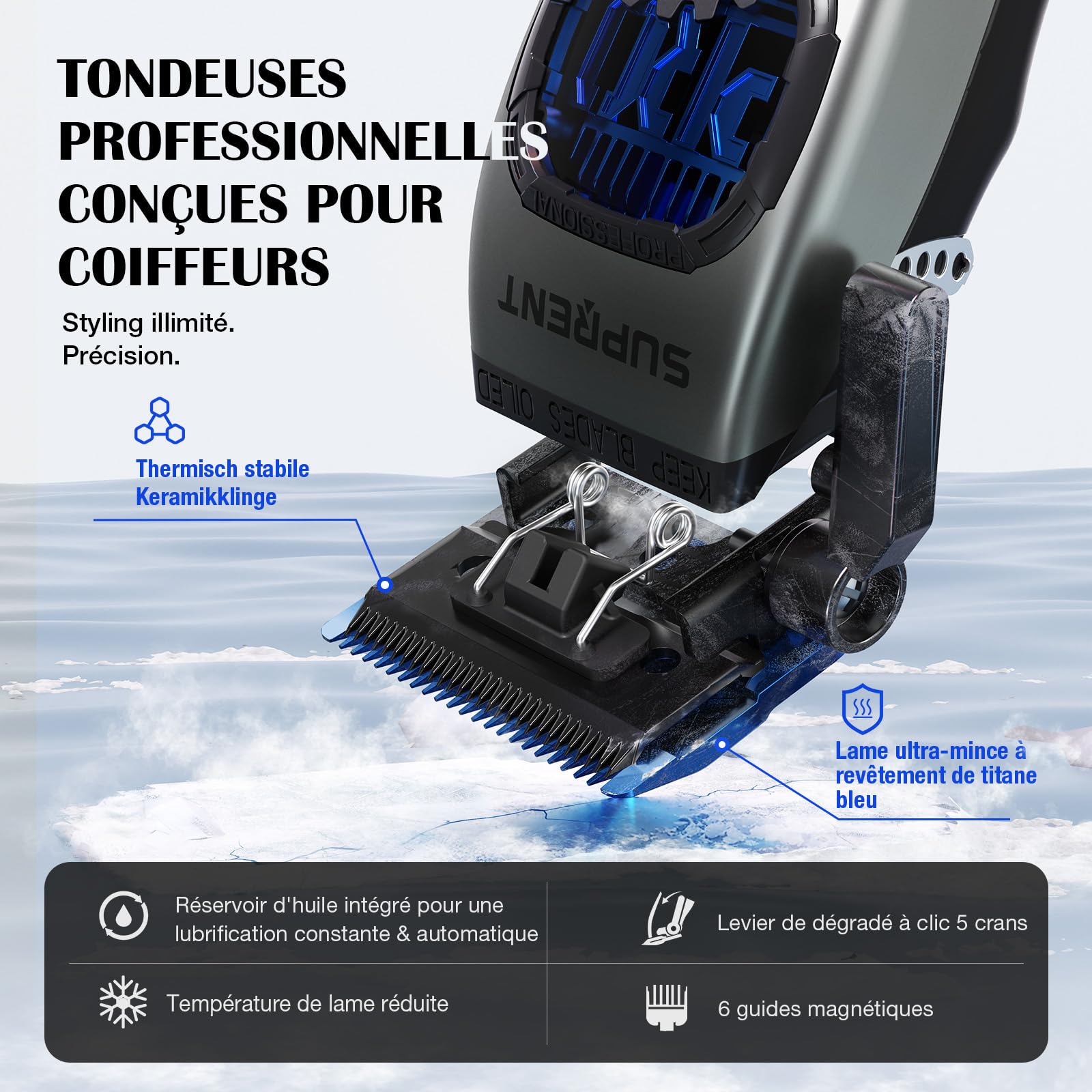 SUPRENT Tondeuse à cheveux professionnelle pour homme - Lame fade revêtue de titane - Lame en T réglable Zero-Gap - 5 niveaux de longueur - Peignes de guidage magnétiques - Batterie 2500 mAh et