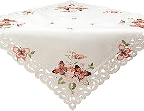 Quinnyshop Rosa Schmetterlinge Stickerei Frühling Tischdecke Mitteldecke ca. 110 x 110 cm Polyester, Weiß