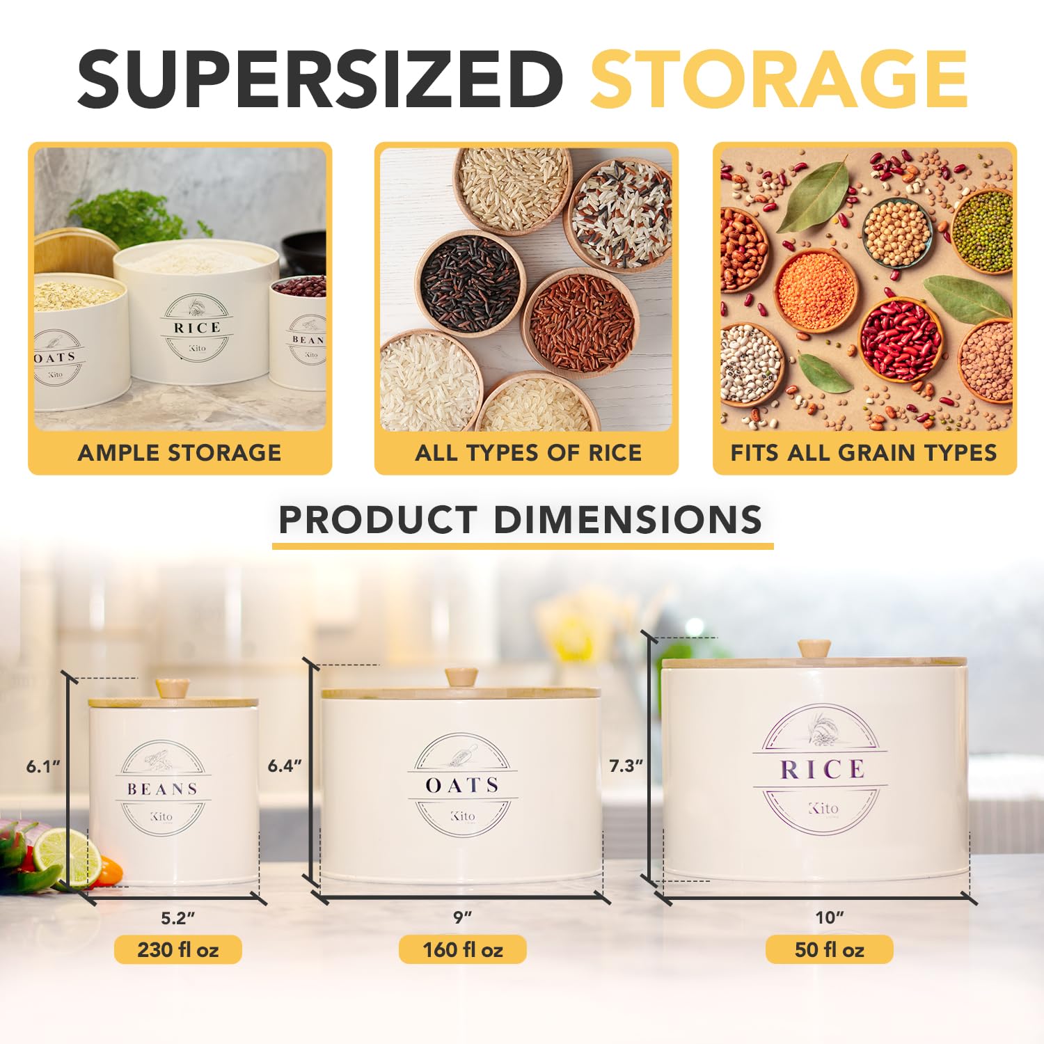 Kito LIVING Contenedores de almacenamiento de avena y arroz de frijol con tapas herméticos, almacenamiento de alimentos organización despensa cocina bujes con tapas de bambú, apilables y