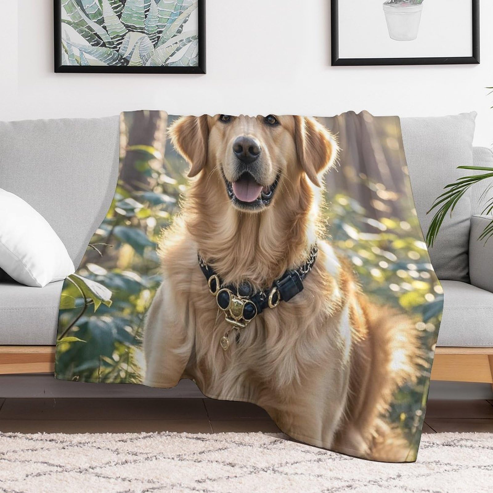 Couverture flanelle lit plaid polaire canapé grand format motif chien Golden Retriever