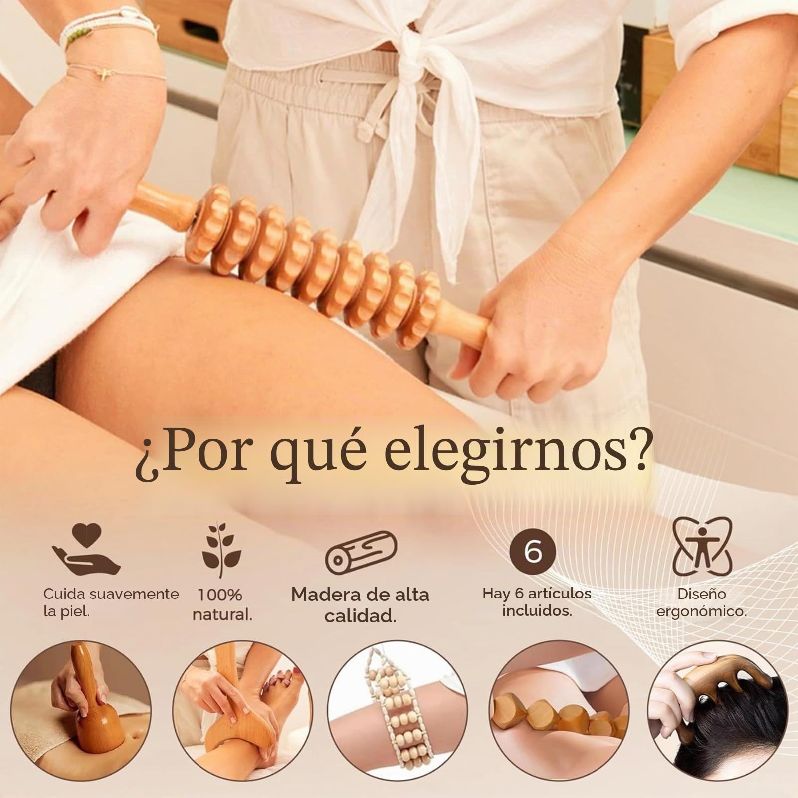 Kit Maderoterapia Corporal 6 en 1, Masajeador Lipedema Celulitis Maderoterapia Corporal Rodillo Gua Sha, Rodillo de Fascia, Herramientas de Esculpir | Kit profesional de maderotéresis, con rodillo de fascia, tabla Gua Sha y cuerda de masaje