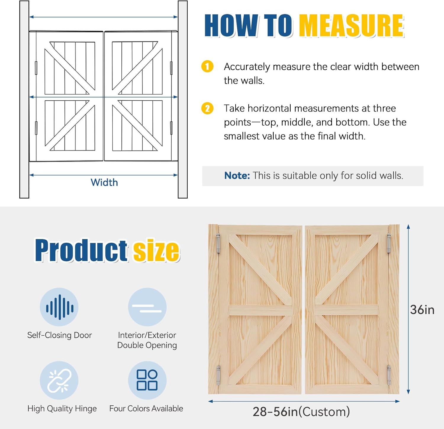 Saloon Doors, Solid Wood Swinging Doors with Stainless Steel Hinges, 21 Styles Available Two-Way Swing Half Door for Doorways Kitchen Bar Cellar Porch Stairs, 28"30"32"34"36"39"41"48"54"56"59"Wide