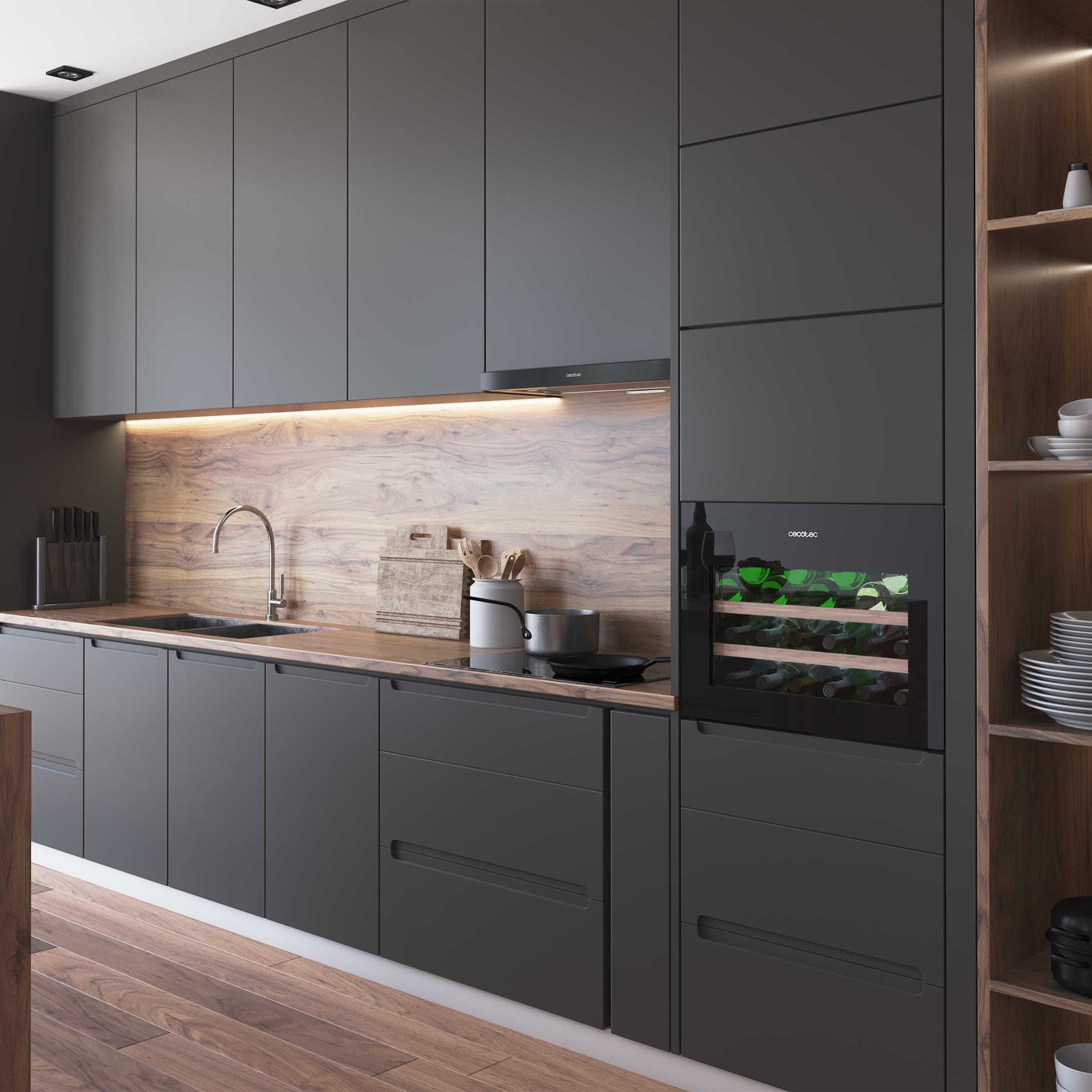 Cecotec Bolero Grandsommelier Bi 28000 Touch Black Einbau-Weinkühlschrank 28 Flaschen Compressor, Schwarzes Glas, Leise, LED-Licht, Touch-Öffnung