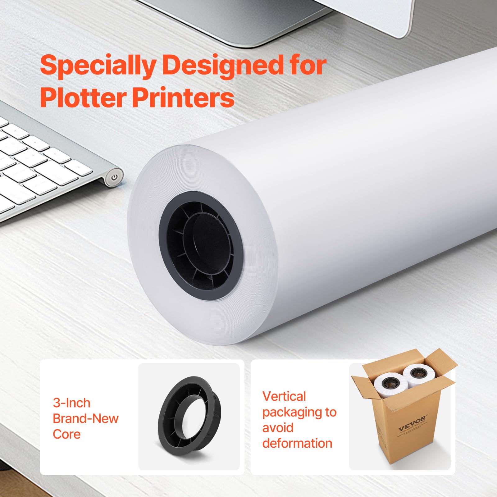 VEVOR Papel Bond CAD, 80 g/㎡, Ancho 609,6 mm, Longitud 152,4 m, 2 Rollos, Núcleo 76,2 mm, para Trazador, Dibujos CAD, Planos de Ingeniería, Blanco