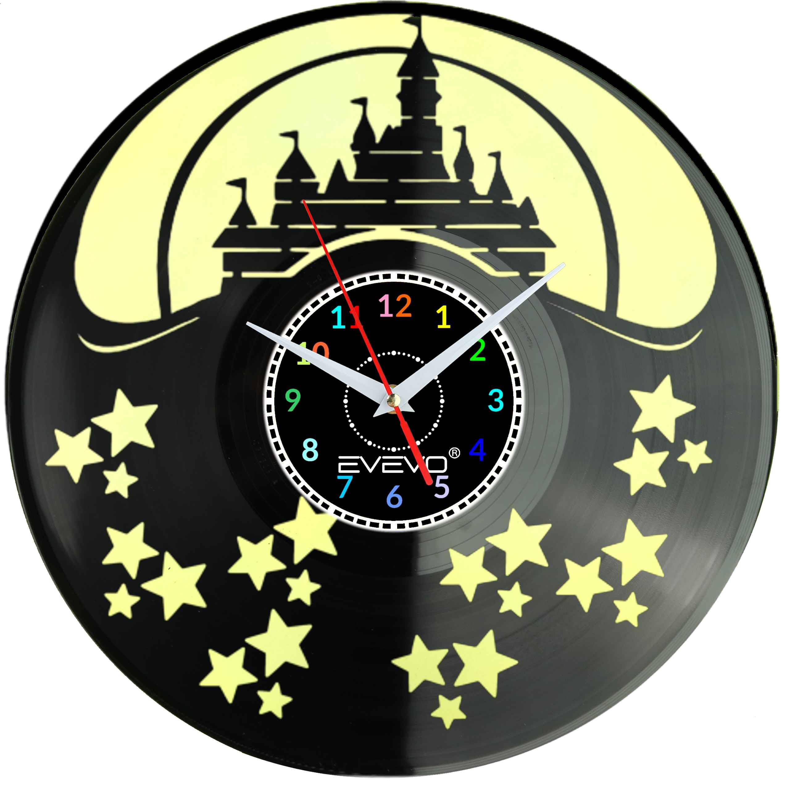 ZAMEK MYSZKI WALT DISNEY ZEGAR ŚCIENNY FLUORESCENCYJNE TŁO PŁYTA WINYLOWA PREZENT UPOMINEK URODZINY GIFT SOUVENIR EVEVO F0057