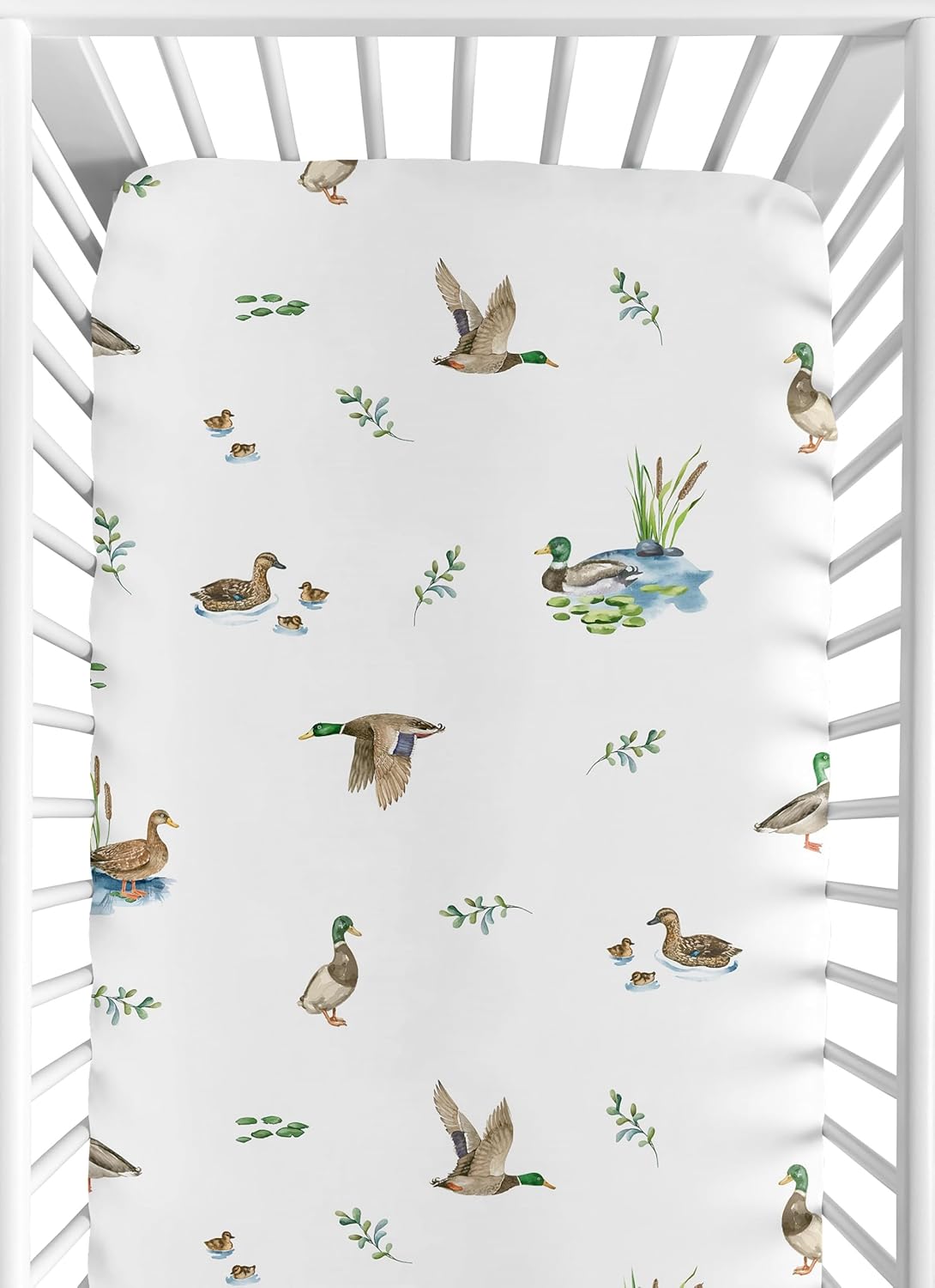 Sweet Jojo Designs Fitted Baby Crib Sheets (Mallard Duck Cottagecore) for Girls/Boys, Infant Nursery, Toddler Room - Standard Size (Watercolor Ducks, Nature, Wildlife, Pond, Lake, Ducklings Lily Pads)