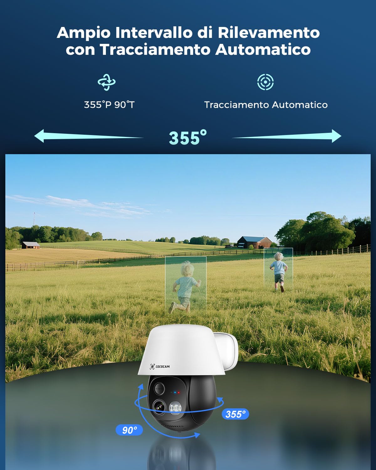 COCOCAM 24/7 AOV 4G Telecamera Esterno con SIM 30m Visione Notturna | 10000mAh Batteria & 8W Pannello Solare, Tracciamento Auto & Rilevamento AI, 2K PTZ, Scheda eSIM Inclusa (Senza WiFi)