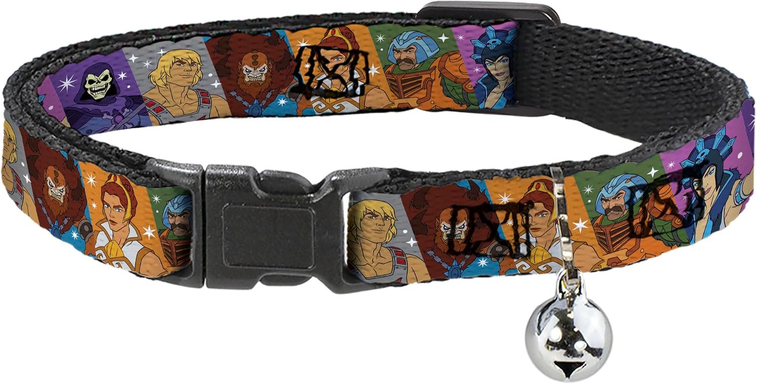 Masters of the Universe Breakaway Cat Collar | Masters of the Universe Character Block Poses Multi Color Durable Adjustable Bell ID Tag Ring