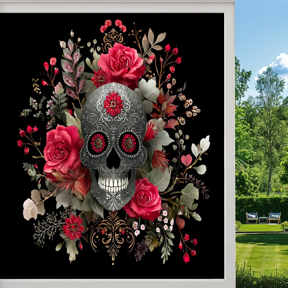 Dark Skull Flower Stained Glass Window Film, Gothic Horror Bones Peel and Stick Privacy Film, Frosted Adhesive Vinyl Decorative for Bathroom Windows Glass Doors, （90x160cm）