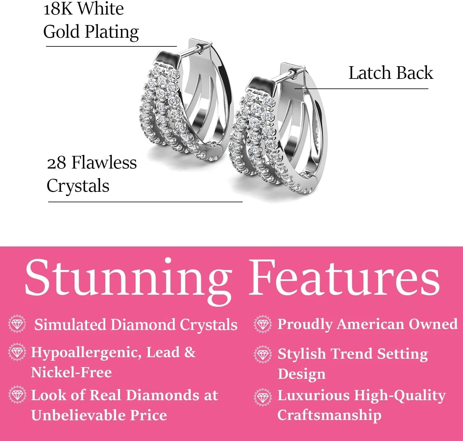 Cate & Chloe Aliyah 18k White Gold-Plated 14mm Pave Huggie Hoop Earrings with Round Cut Simulated Diamond Crystals, Small Silver Hoops for Women, Gift for Her on Christmas, Birthday, and Anniversary