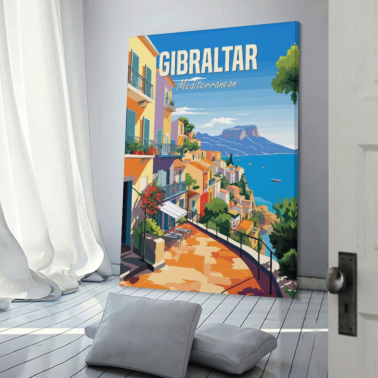 Junmoney Gibraltar Mediterranean Canvas Wall Picture 16x24inch(40x60cm), for Study, Office Or Focused Interiors, Home Office Artwork with Decorative Appeal