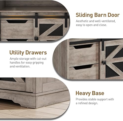 Miniatura 6 de Mesa auxiliar de granja con estación de carga, mesa auxiliar de sofá con 2 cajones y puerta de granero, mesita de noche de madera rústica para