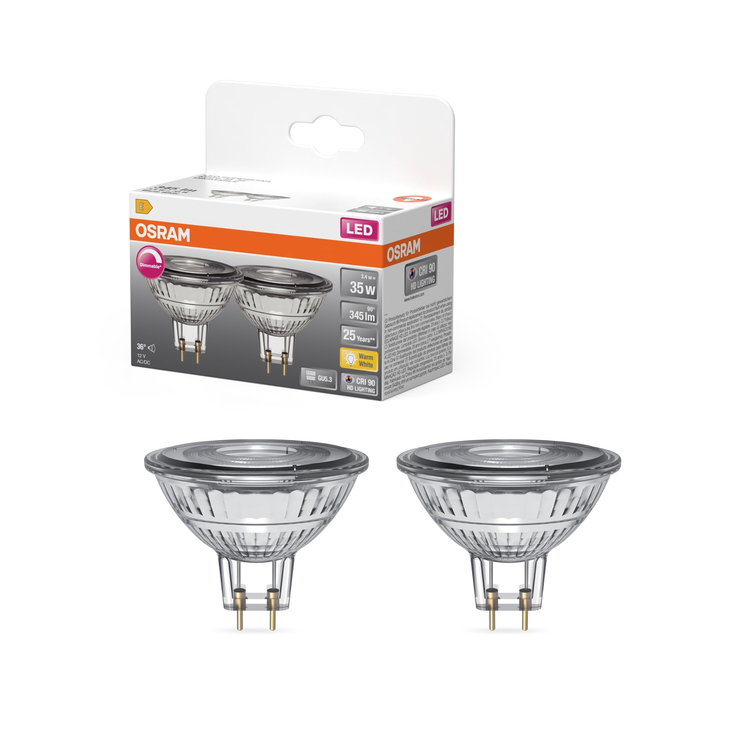 OSRAM Foco LED Superstar MR16 Reflector Retro DIM 3,4 W transparente | LED Superstar MR16 35 36° DIM, LED Lamps, Claro, 50 mm dia, 25000 h, Paquete de 3