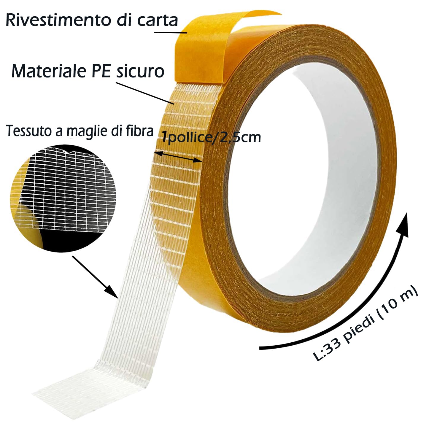 KAIHENG Nastro biadesivo in tessuto resistente, nastro biadesivo multifunzionale super adesivo da 2,5cm, nastro biadesivo per tappeti, nastro adesivo trasparente per casa, ufficio, scuola