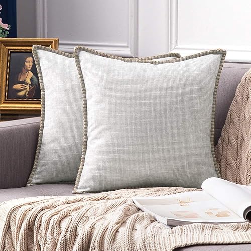 MIULEE Pack of 2 Decorative Throw Pillow Covers Farmhouse Modern Trimmed Cord Linen Burlap Cushion Cases Vintage Decor Pillowcases for Couch Sofa Bedroom 16 x 16 Inch Greyish White