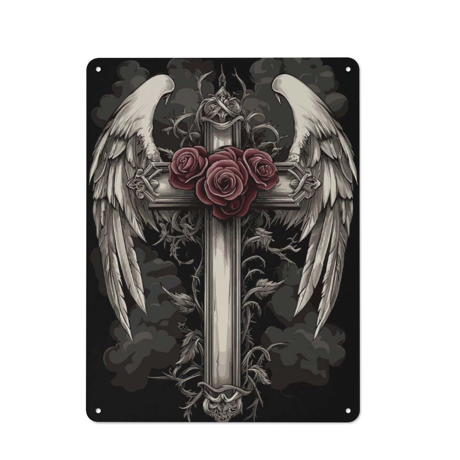 Junmoney Angel Wings Gothic Cross Roses Cottage Style Metal Wall Decor 40X30cm, Tin Wall Plaque For Kitchen, Cottage, Porch Or Garden Room