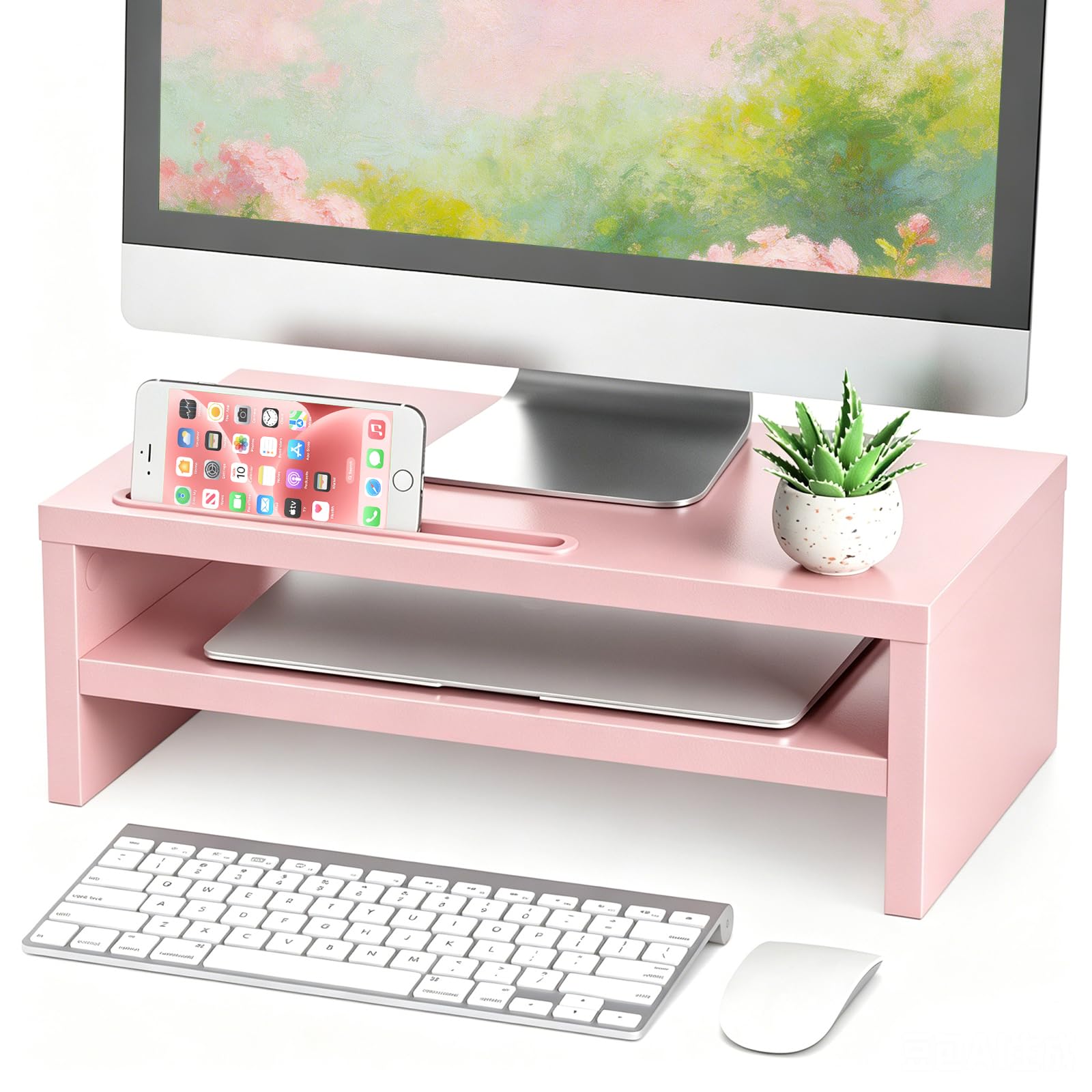 RFIVER Soporte elevador de madera para monitor de computadora, 2 niveles