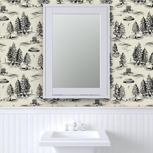 Miniatura 9 de Spoonflower Papel tapiz autoadhesivo de 9 x 2 pies - UFO grande negro Toile De Jouy Alien Abduction Space Camping Papel pintado extraíble