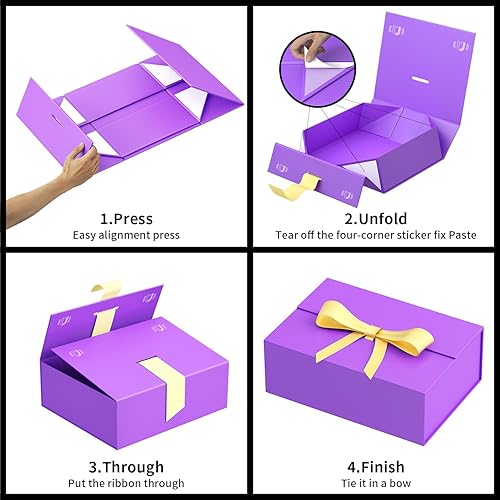 Miniatura 4 de Caja de regalo morada con cinta, cajas de regalo de 13 x 9 x 4 pulgadas para regalos con tapas y lazo cierre magnético plegable para caja de