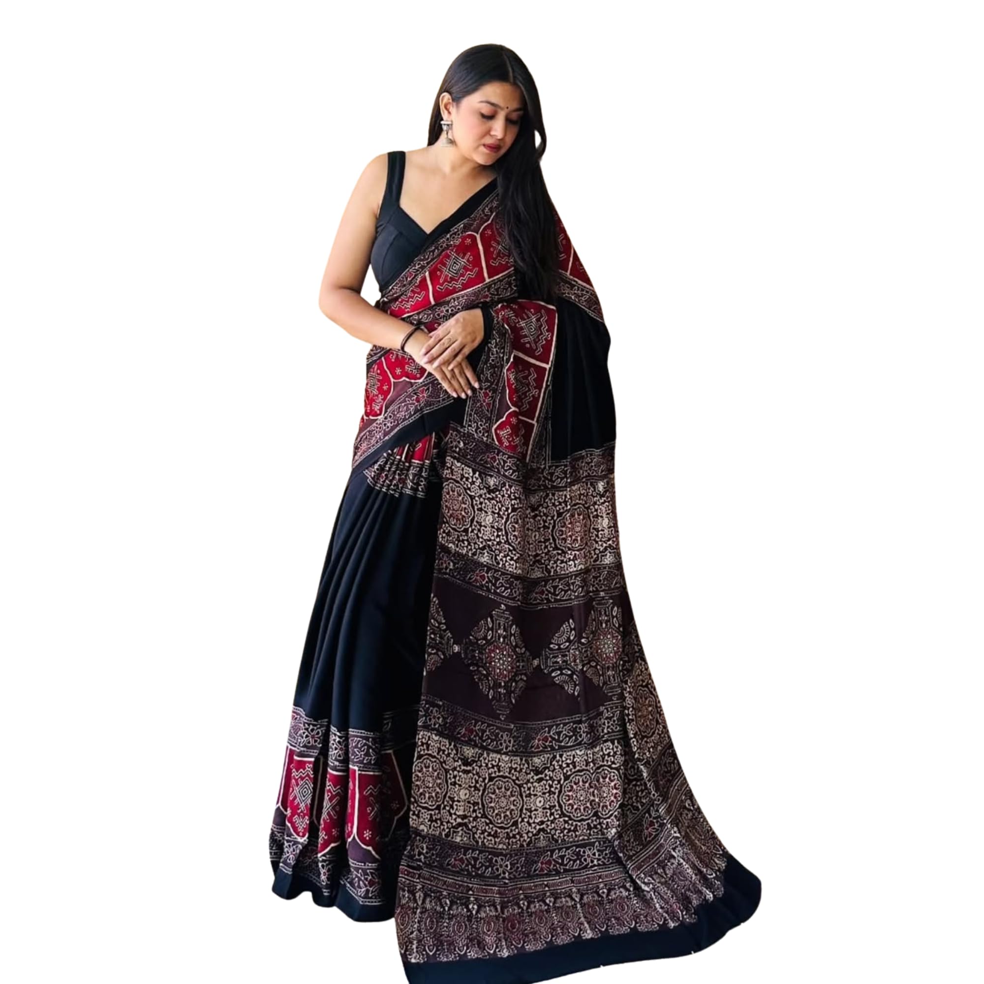 Women's Ajrakh Digital Print Muslin Saree with Contrast Blouse Piece | Soft Lightweight Ethnic Saree for Casual, Festive-image-46