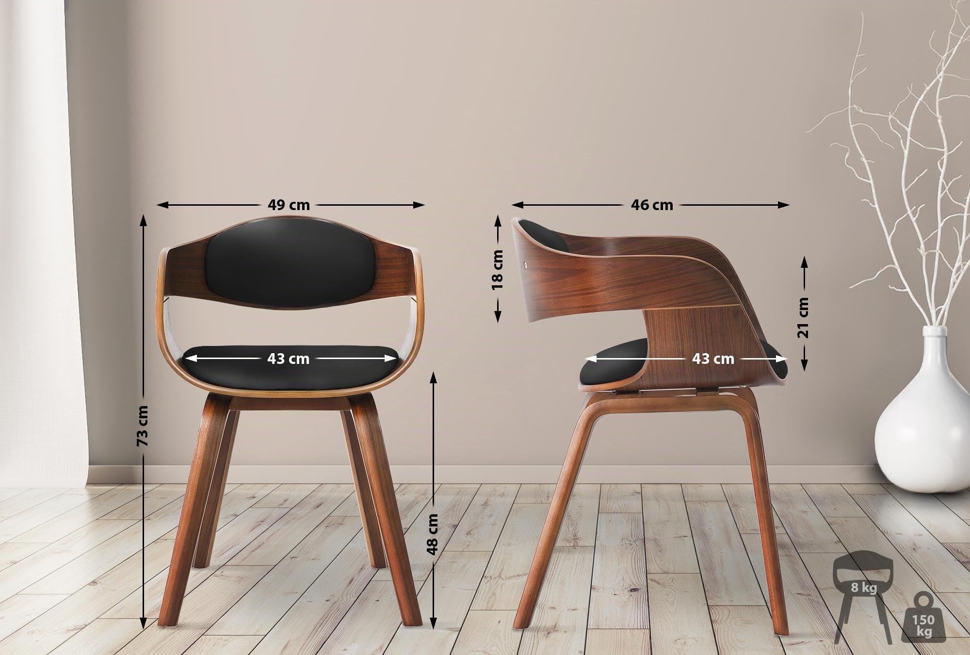 CLP Juego de 2 sillas Kingston ergonómicas, Respaldo Acolchado, Cuero sintético y Madera, hasta 150 kg Color:Nuez/Negro