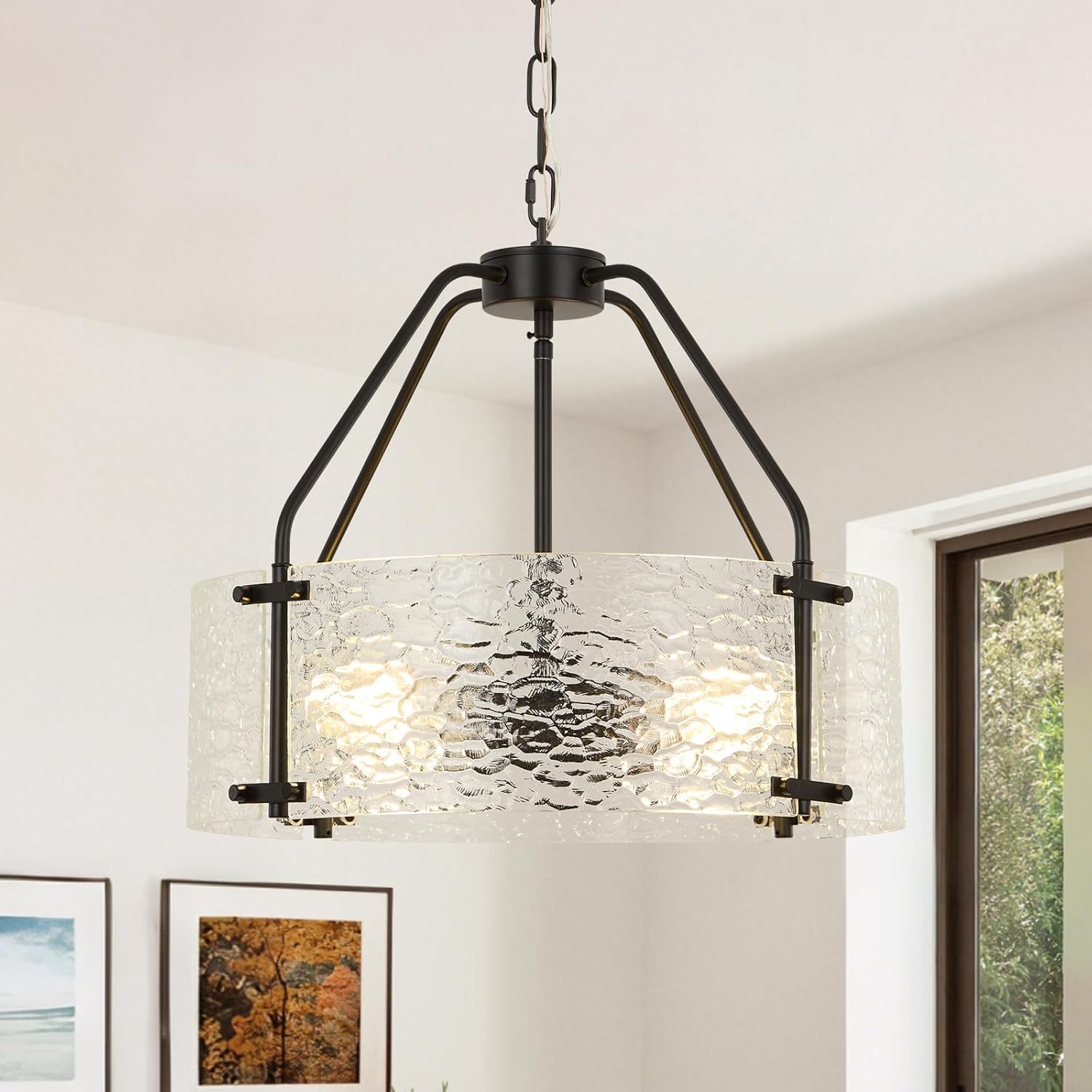 Modern Farmhouse Chandeliers for Dining Room: 17.7'' Matte Black Drum Glass Entryway Light Fixture Hanging - Rustic Kitchen Chandelier Over Table - Vintage Lights Fixtures for Bedroom Foyer Hallway