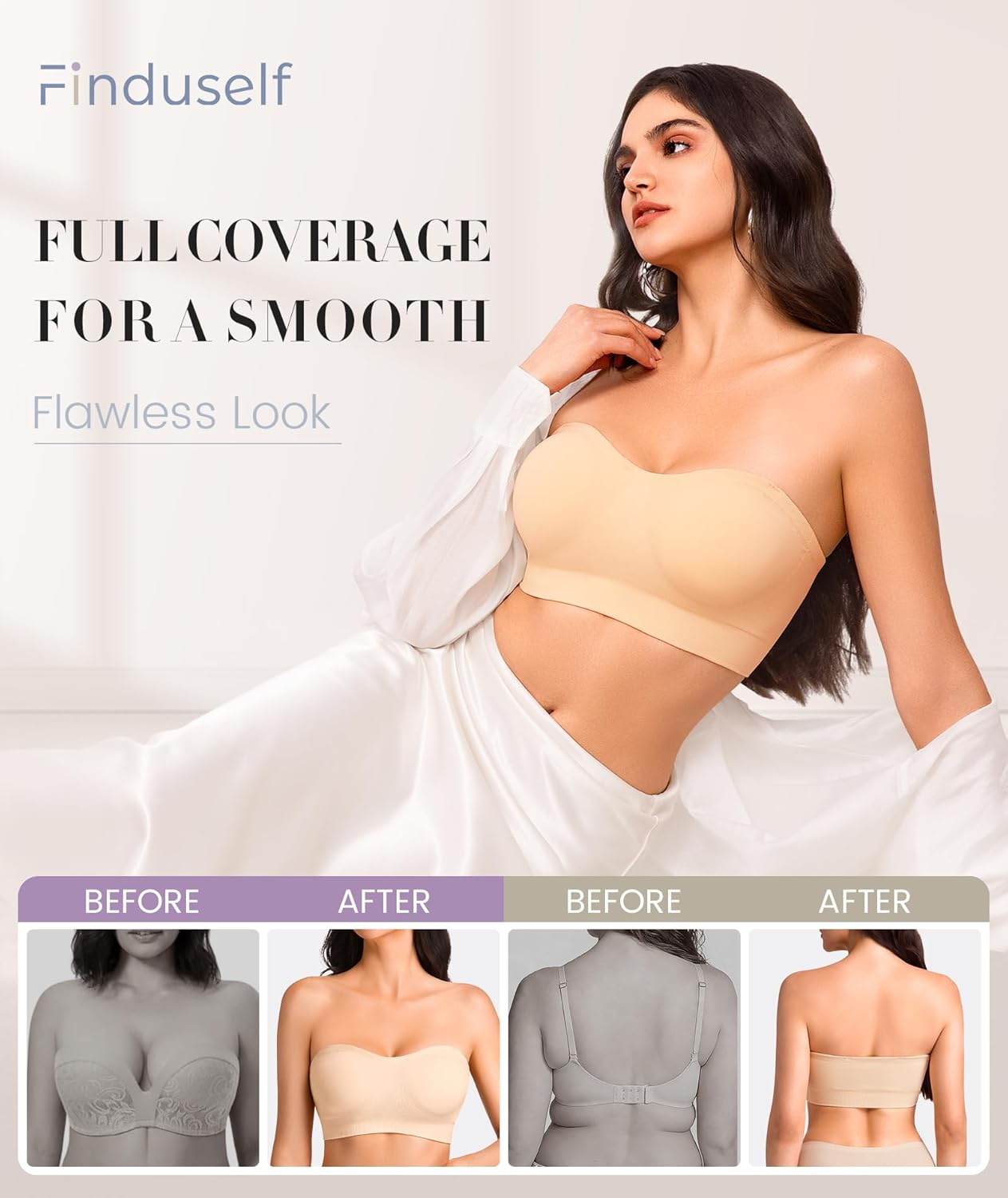Strapless Bras for Women Non-Slip Wireless Bandeau Bra Seamless Padded Tube Top Bra Including Fabric & Clear Straps