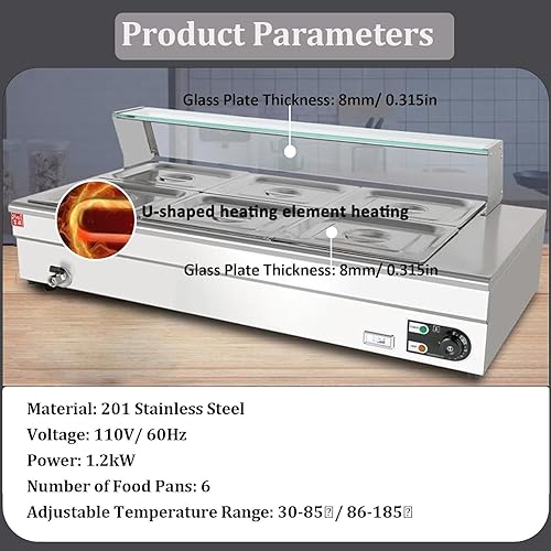 Miniatura 4 de LOYALHEARTDY Calentador de alimentos comercial, 110 V, 1200 W, calentador de alimentos Bain Marie, 6 sartenes x 13 GN grado alimenticio 201 acero